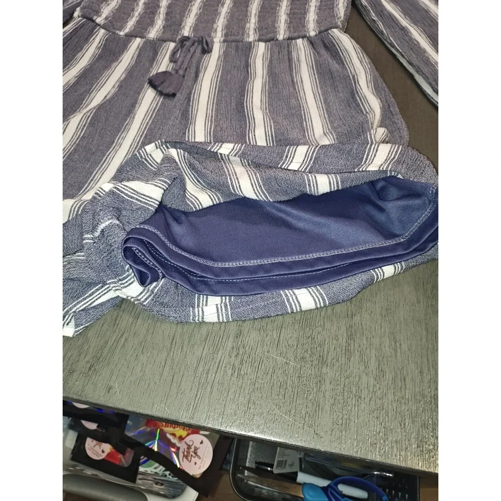 Justice Girls Size 14 Blue White Striped Long Sleeve Romper Smocked Bodice...
